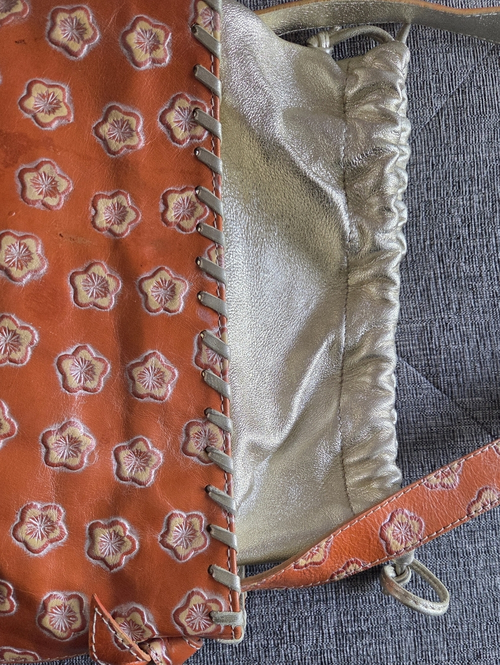PULICATI Orange Floral Embossed Leather Bucket Bag with Gold Drawstring - Picture 11 of 13
